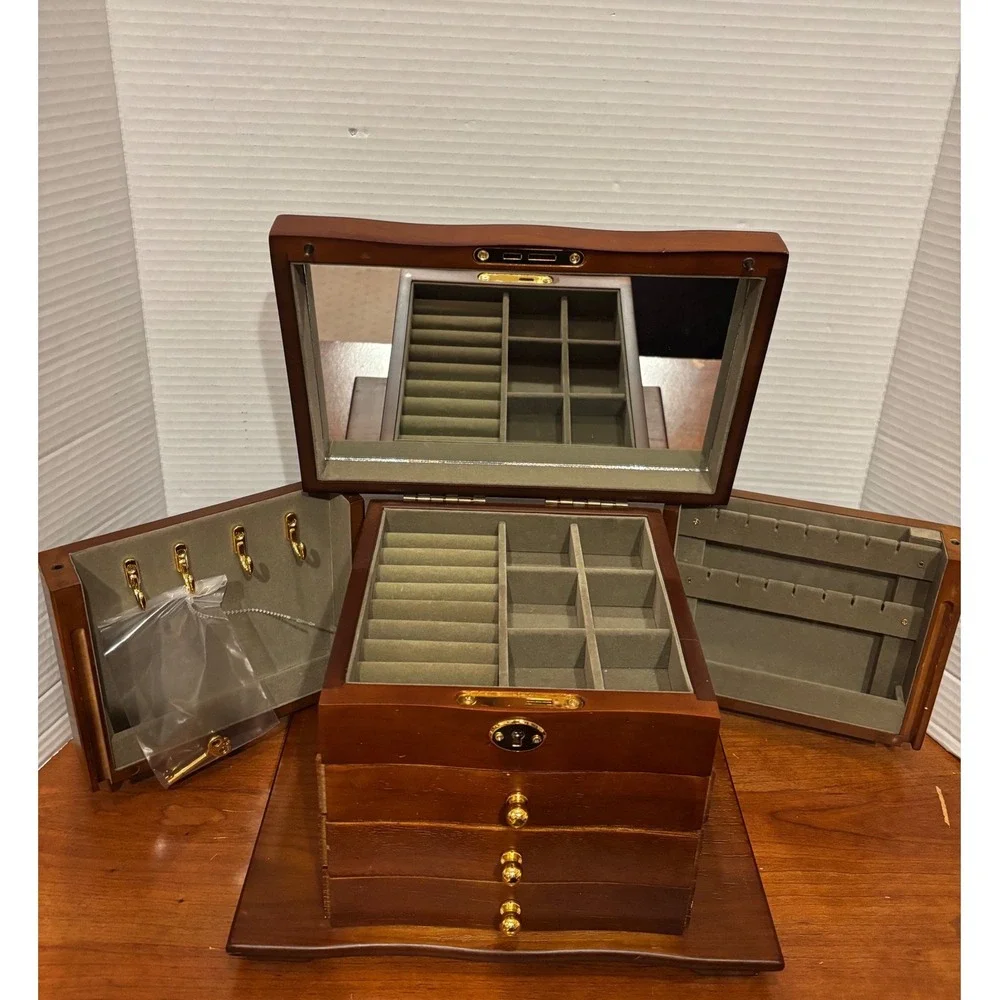 Kendal Wooden Jewelry Box Organizer Cherry Finish Mirror Lock 3 Drawers WJC03HT